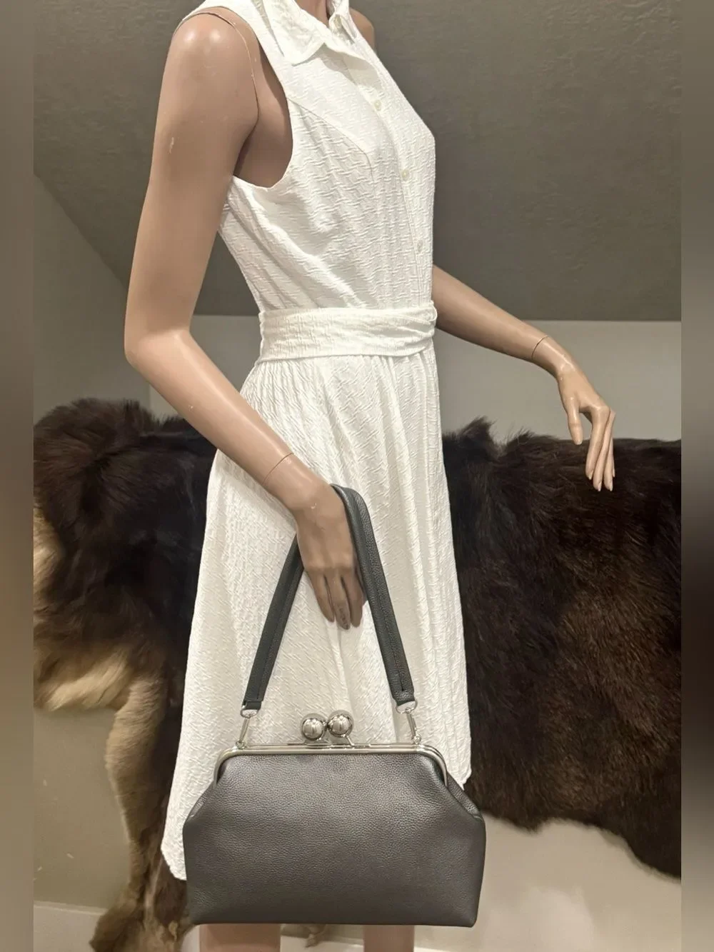 Gray Togo Cowhide Calfskin Handmade Retro Style Kisslock Frame Bag, Large Size